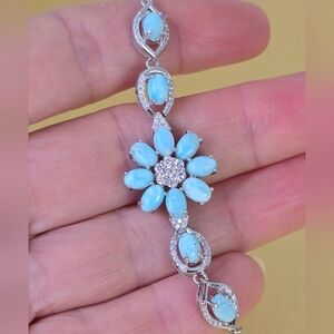 925 Sterling Silver Flower Bracelet with Natural Larimar Gem & Cz